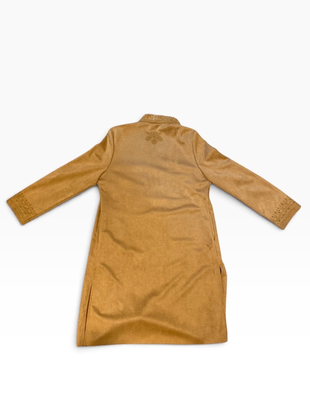Solitaire Camel Faux Suede Embroidered Long Jacket – Size Medium - Picture 2 of 4